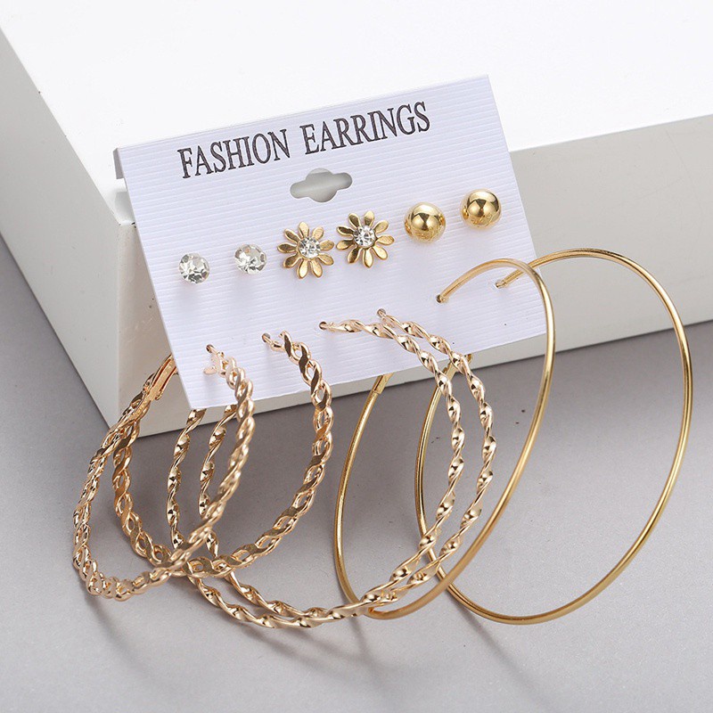 6 Pairs/Set Earring Set European Simple Punk Crystal Pearl Small Ball Big Circle Round Hoop Earrings For Women Jewelry|Hoop Earrings For Women