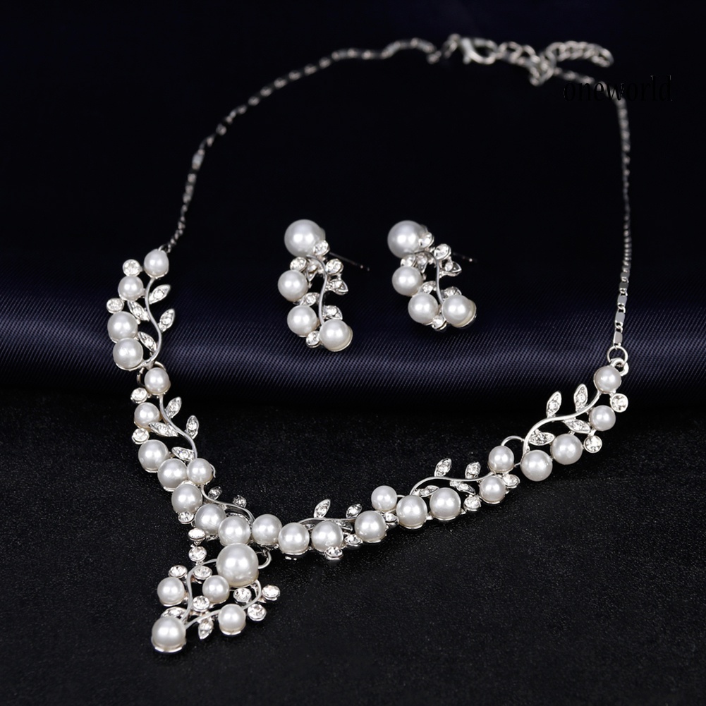 OW@ Women Elegant Faux Pearl Rhinestone Leaves Necklace Earrings Wedding Jewelry Set