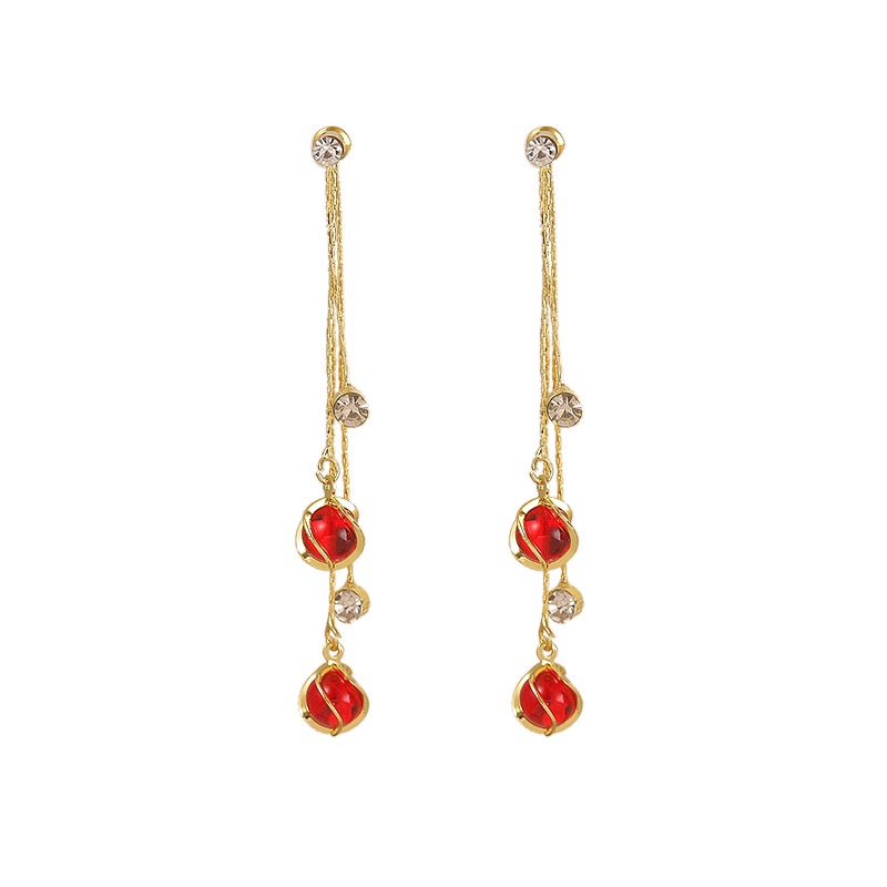 S925 Korea Opal bola telinga hook wanita merah halus sederhana anting-anting Korea gaya chic dan uni