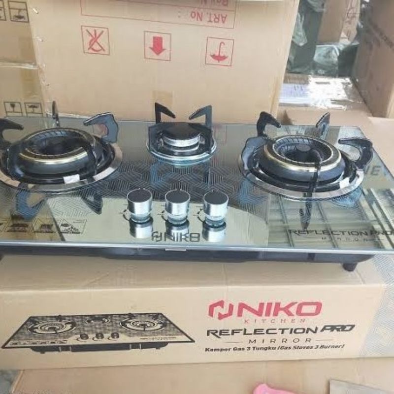 Kompor Tanam/Duduk Gas Kaca 3 tungku NIKO REFLECTION MIRROR PRO Design Elegan