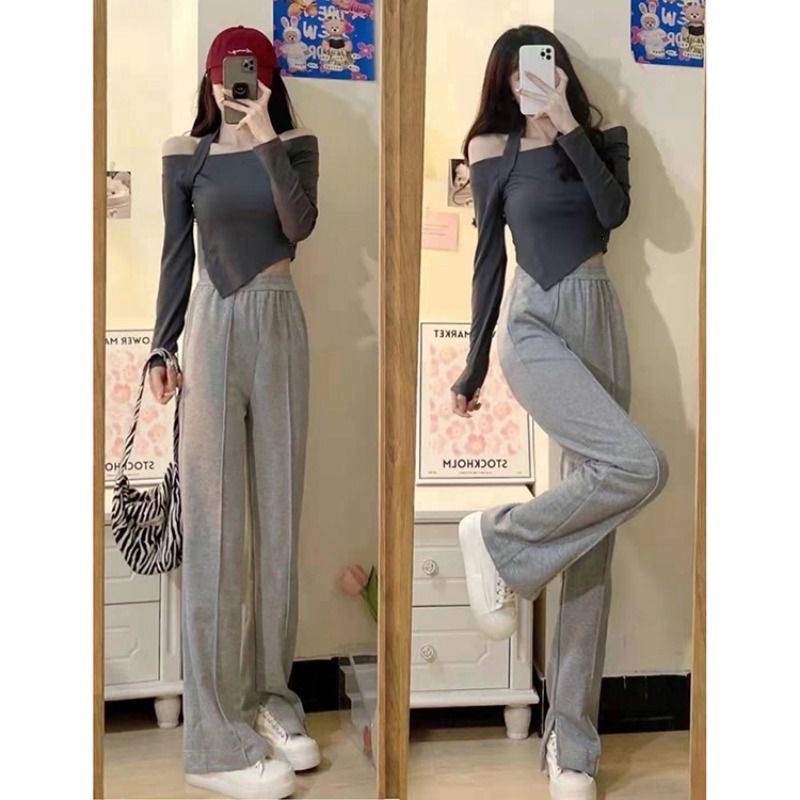 One-piece/jas wanita tidak beraturan pendek satu bahu halter neck T-shirt top + celana lebar kaki ce