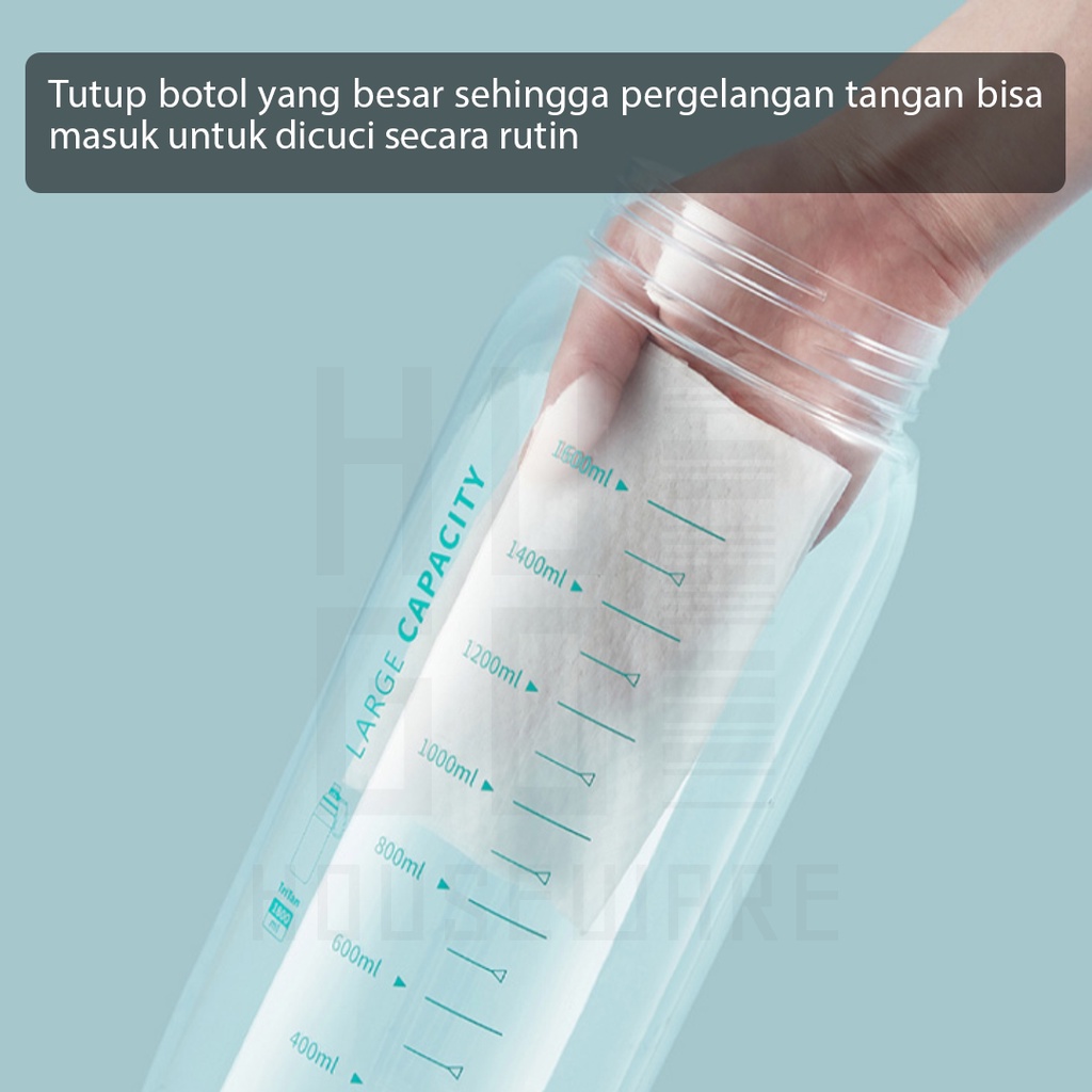 HUGO Botol Minum Bening Besar Jumbo 1800 ml Anti Bocor dengan Handle dan Sedotan Premium Quality