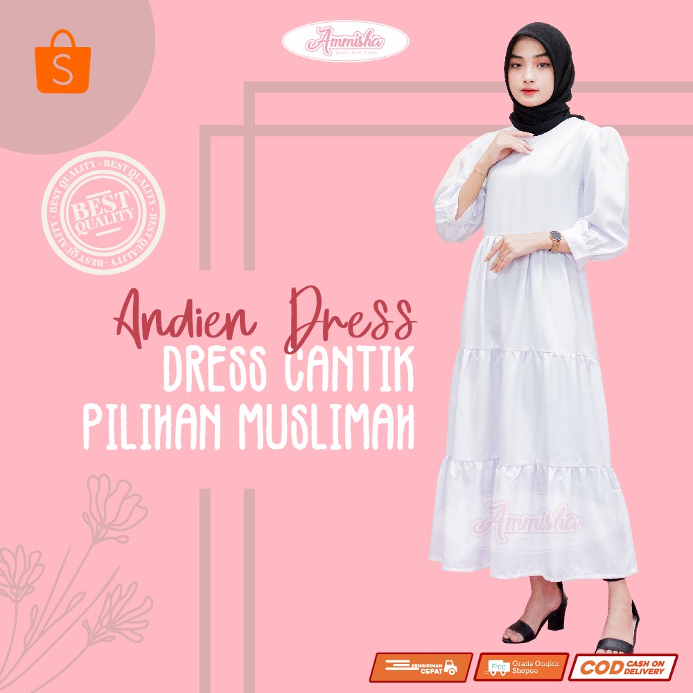 [ COD ] Andien Dress S M L XL | Fashion Muslim Tangan Balon Rok Rempel | Casual Daily Kondangan OOTD