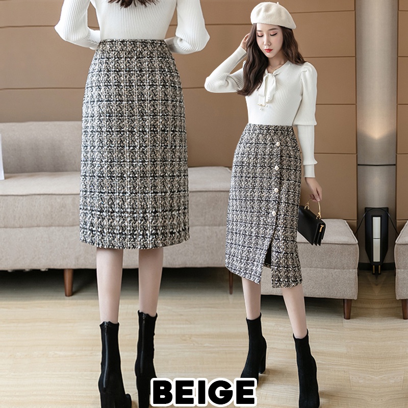 KARAKOREA 9977 Side Pocket Tweed Skirt/Korean Women Skirt/Rok Midi