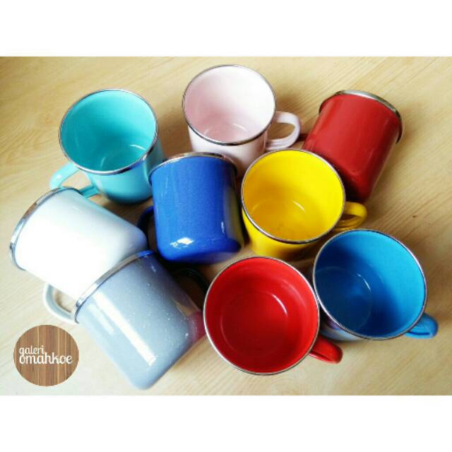 Gelas mug enamel 9cm stainless rim tebal