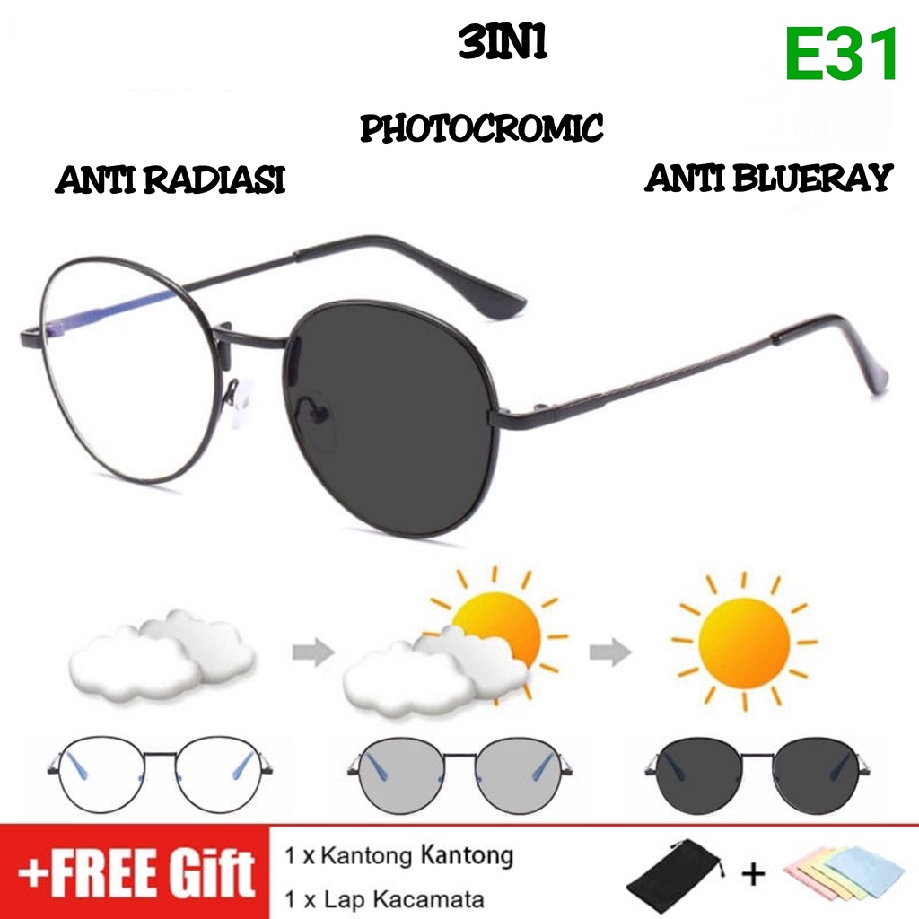 E ( E31 ) KACAMATA PHOTOCROMIC BENTUK OVAL 3 IN 1 ( FREE POUCH + LAP KACAMATA )