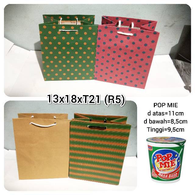 

Paper Bag / Tas Kertas Kecil kotak R5 13x18xT21 Polos Batik Garis pop mie sedaap cup