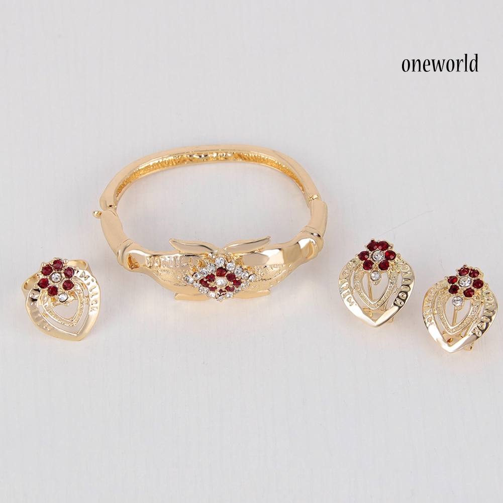 OW@ Women's Wedding Flower Rhinestone Ring Earrings Necklace Bracelet Jewelry Set