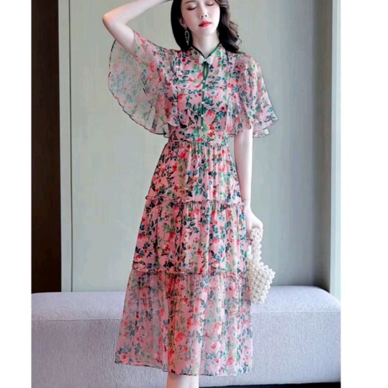12346 Baju Mididress Midi dress gaun pesta kerah Shanghai Chinese Imlek motif bunga floral pink Kore