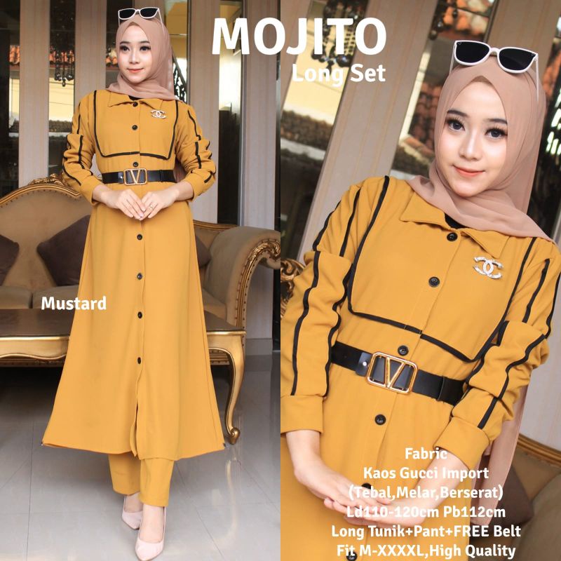 Mojito Long Set Pakaian Wanita Setelan Long Tunik + Pant + Free Belt Fab Kaos Import High Quality