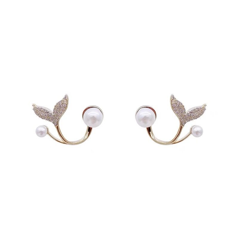 Anting stud S925 silver needle Bentuk Daun Ekor Ikan Aksen Mutiara Gaya Korea Untuk Wanita