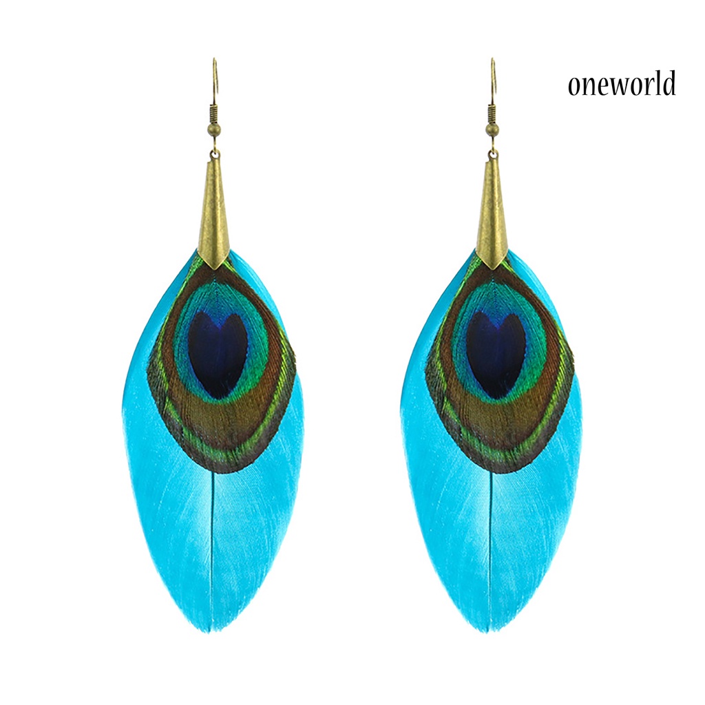 OW# Peacock Feather Drop Earrings Ethnic Style Women Geometric Shape Circle Hook Earrings Jewelry Accessory