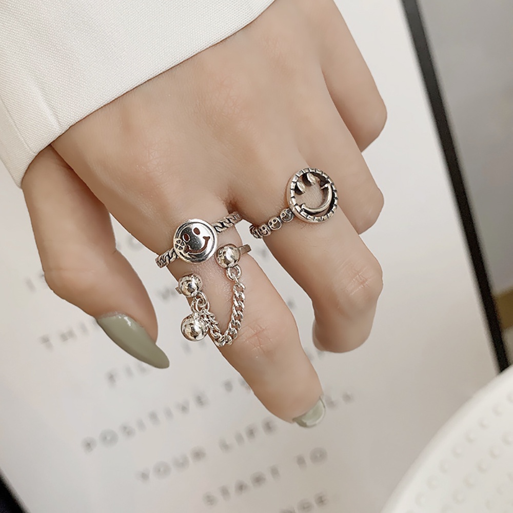 Needway  Personality Chain Ring Hollow Fashion Jewelry Smiling Face Ring Women Party Gift Alloy Adjustable Girls Vintage Finger Ring