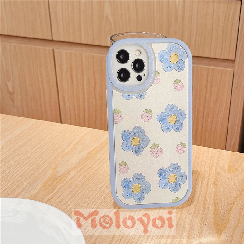 Oil Painting Blue Flowers Pink Strawberry Phone Case Compatible for IPhone 7 8 6 6s Plus 11 12 13 Pro Max X XR XS Max SE 2020 Shockproof Soft Back Cover