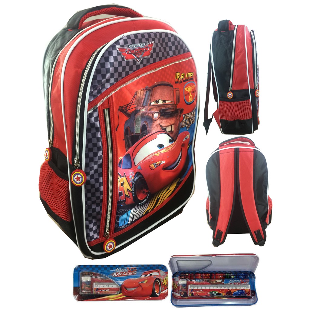 Tas Ransel Sekolah Anak SD Cars Full Sateen IMPORT Catur 3 Kantung S