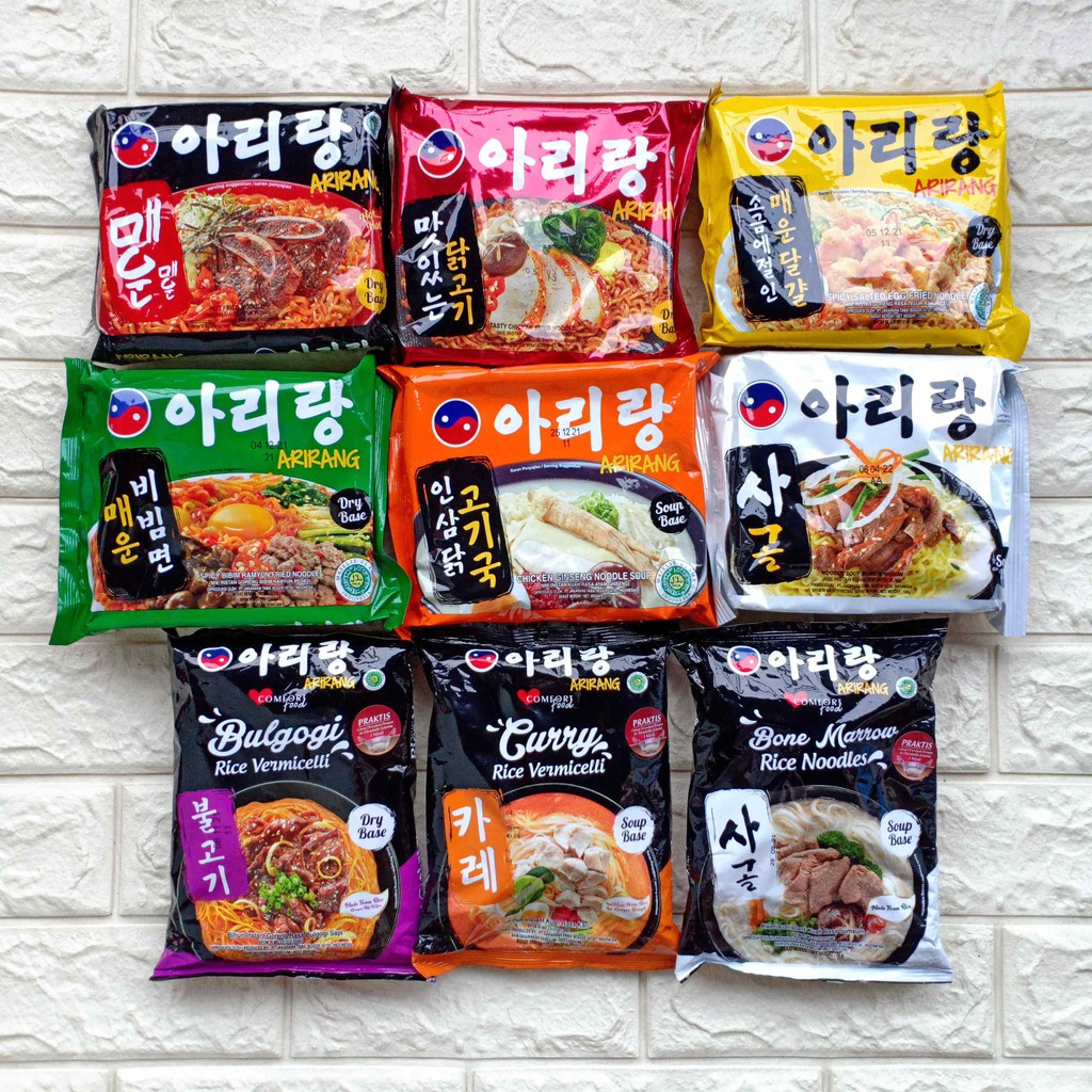 Arirang Dry Soup Base Noodle Mi Instan Mie Instant Black Garlic Bolognese Bibim Ramyun Chicken Ginseng Salted Egg Kimchi Bulgogi Bone Marrow Curry Ramen