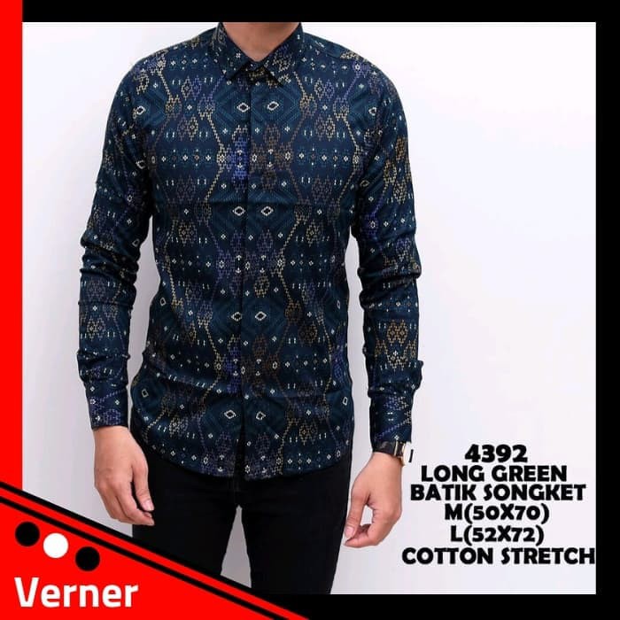 Batik Songket Pria Slim Fit 4392 - Kemeja Kerja Pria Slim Fit 4392 - Hijau- M