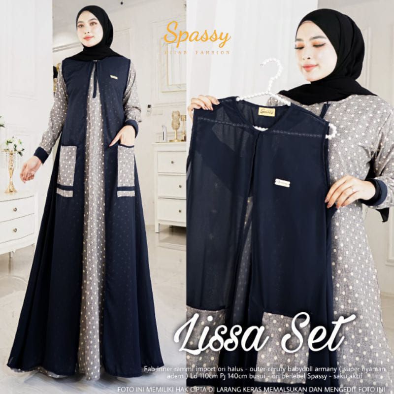 Cod Lissa set / fashion busana muslim wanita trendy / gamis plus outer rompi / gamis katun rammi mix