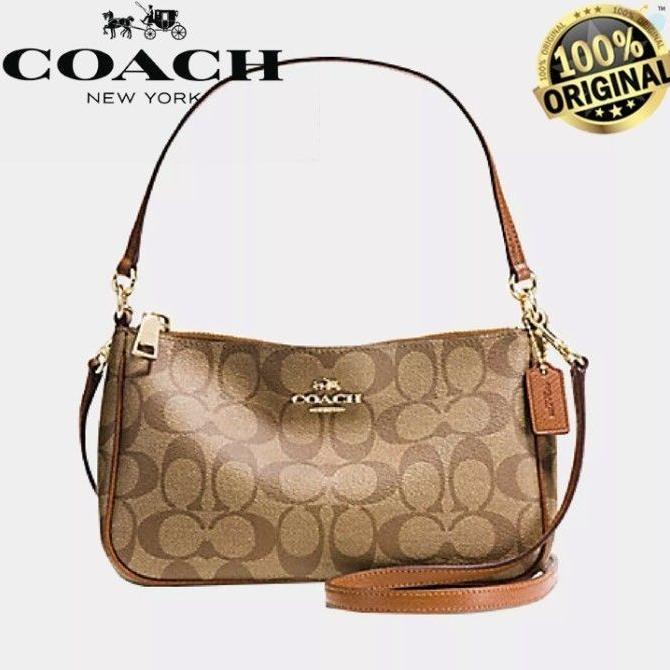 Tas COACH BAG OUTLET SIGNATURE TOP HANDLE POUCH Khaki 100% Original