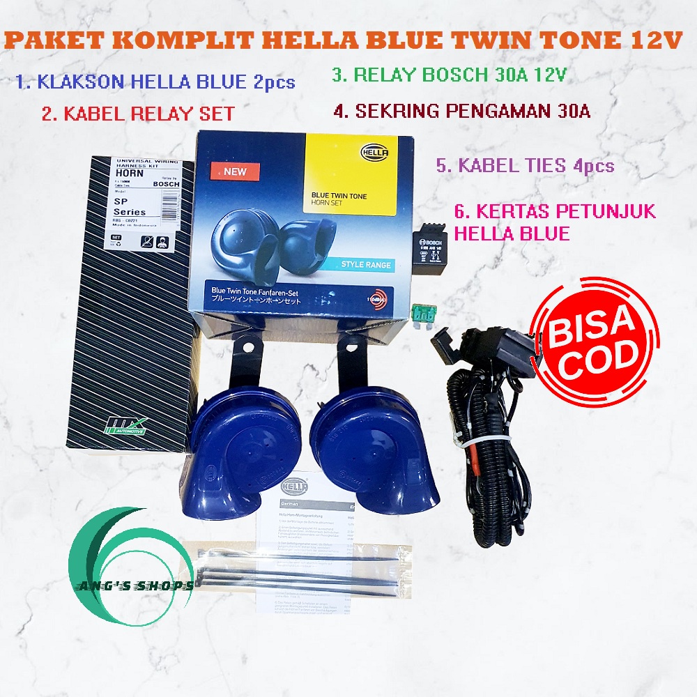 KLAKSON KEONG HELLA BLUE TWIN TONE 12V + KABEL RELAY SET BOSCH ORIGINAL