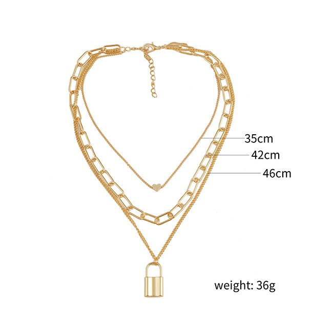 LRC Kalung Fashion Alloy Lock Heart Love Multi-layer Necklace  K43685
