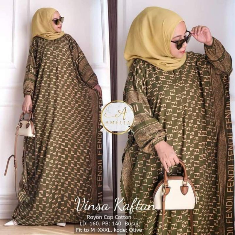Kaftan Wanita Jumbo XXXXL- Popy Vinsa Kaftan Motif Branded FF Fendi Lengan Panjang Busui Resleting G