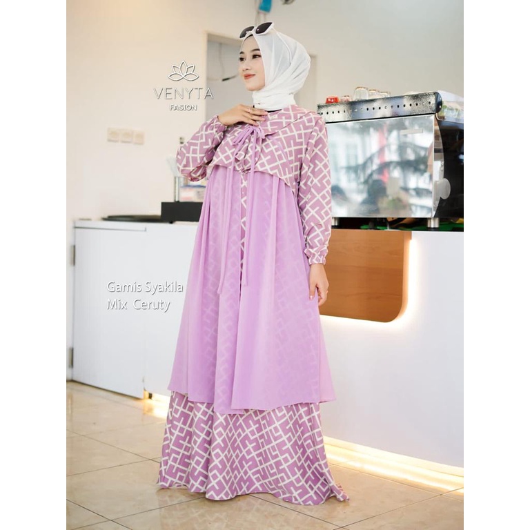 Gamis set outer 2in1 ceruty venyta elsyifa berbagai motif rara lula lulabi lulana ceruti babydoll longdress baju muslim busana muslimah modern ootd fashionable selebgram hits modis reseller dropshiper cardigan rompi baju muslim modern modis