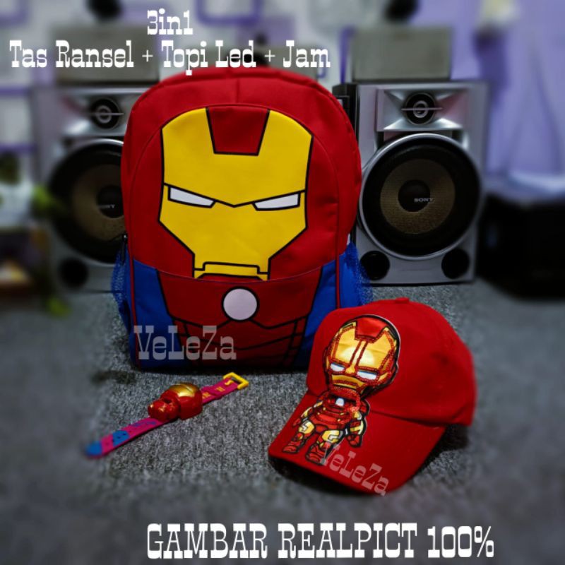 Tas anak karakter iron man gratis topi led + jam - tas ransel anak