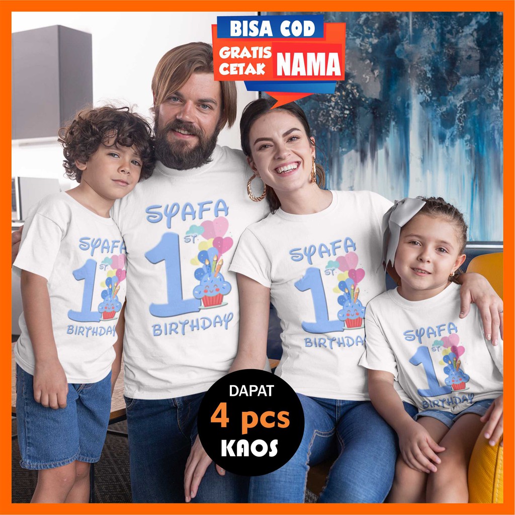 4pcs Baju Kaos Couple Keluarga Ulang Tahun Ultah Birthday Gratis Cetak