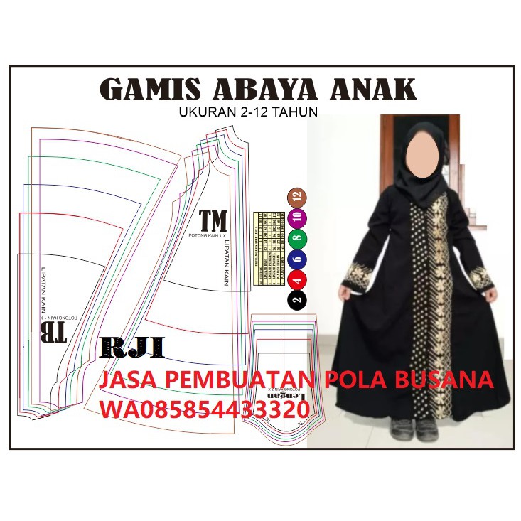 Pola baju Pola Gamis Abaya Anak ukuran 2-12 tahun