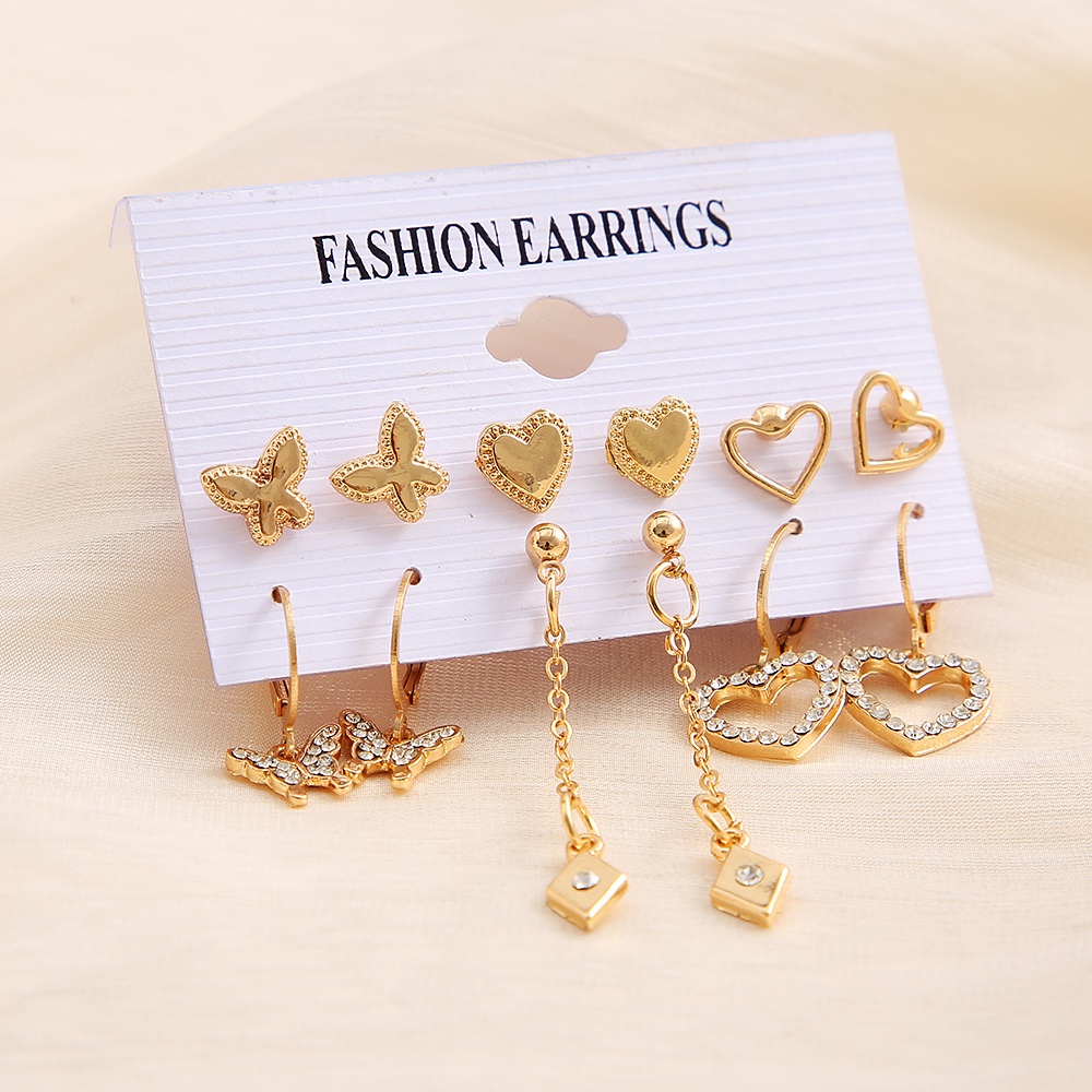 Set Anting Stud Desain Butterfly Heart Aksen Mutiara Untuk Wanita