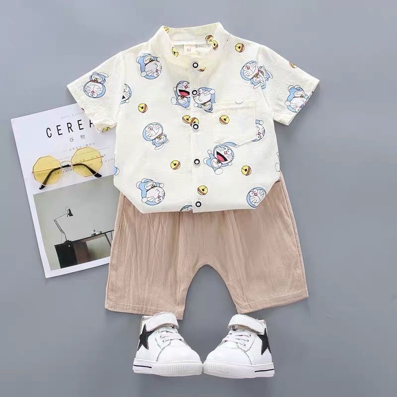 kemeja+celana anak laki laki/setelan kemeja anak cowok Doraemon Lucu Import Katun Umur 9 Bln-3 Thn-Doraemon Cream