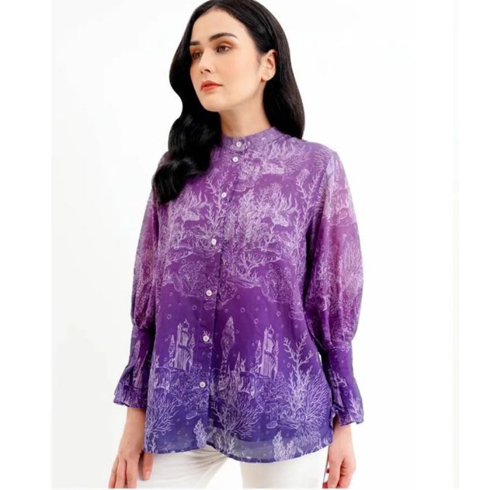 El Mar Minorca Shirt with Puff Sleeve - Purple buttonscarves