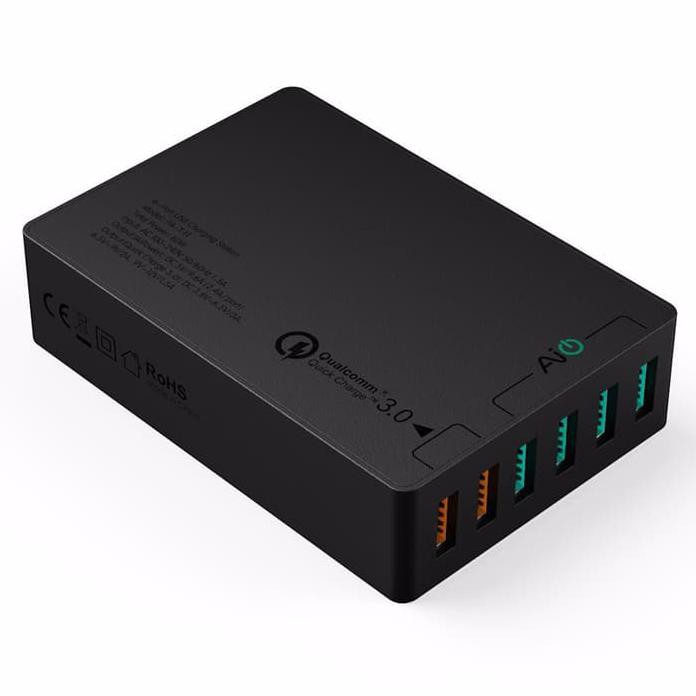 Aukey Qc 3.0 Travel Wall Charger 6-Usb Port (Dual Port Qc 3.0) - Hitam