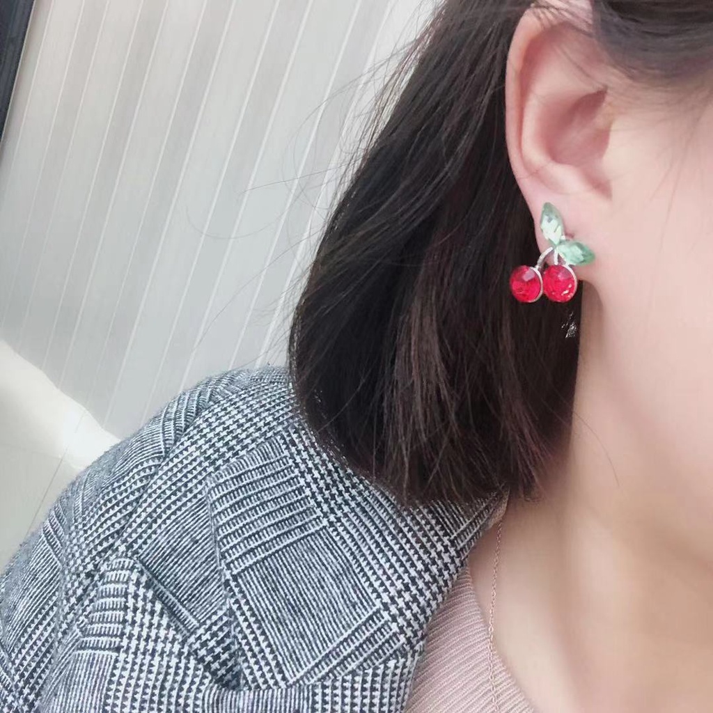 Gaya Korea sterling silver jarum musim panas merah gaya baru kecil cherry elegan manis anting-anting