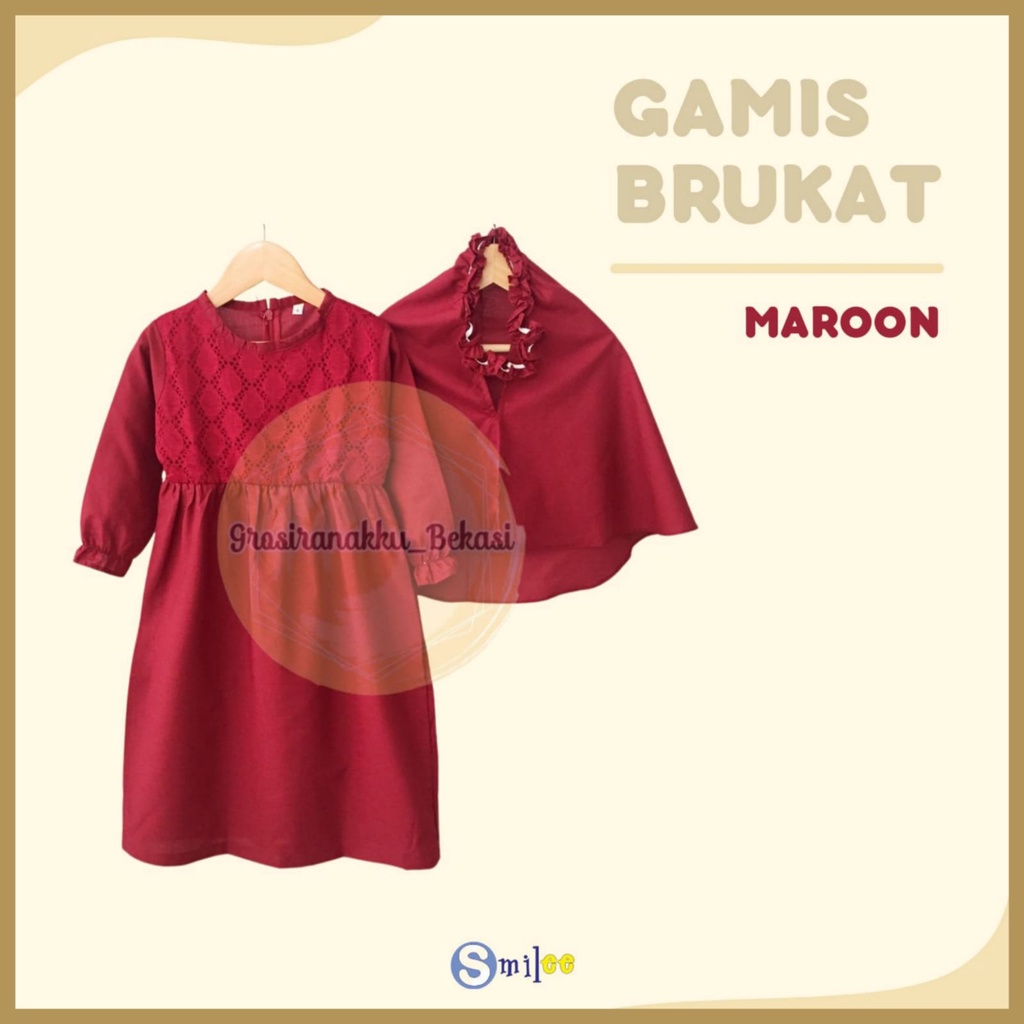 Gamis Kerudung Anak Aplikasi Brukat Maroon Size 1-6Tahun