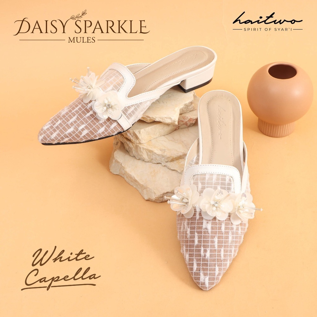 Haitwo Slip on Daisy Sparkle Mules Sepatu Cantik Bahan Mesh Light Embroderry Synthetic Leather