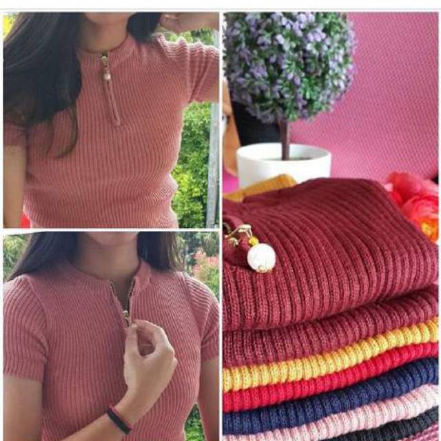 Baju Zipper Top Knit Lengan Pendek - Panjang