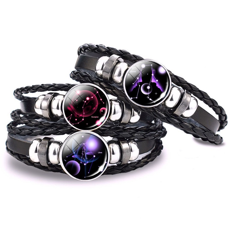 Gelang Kulit Multilayer Desain 12 Zodiak Untuk Pria Dan Wanita