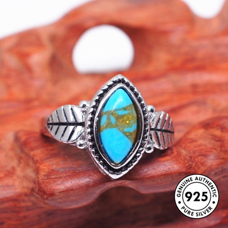 Cincin S925 Silver Bentuk Daun Turquoise Gaya Retro