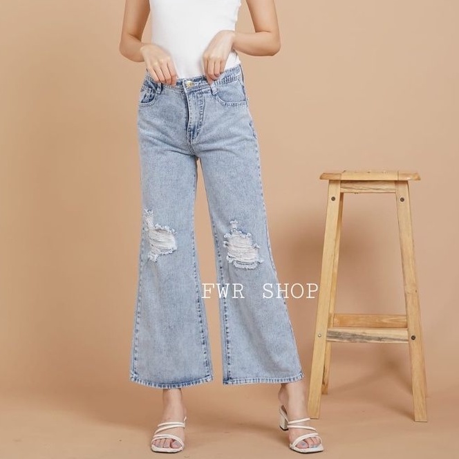 FWR - Celana Kulot Jeans Sobek Ripped Pants Furing 4684