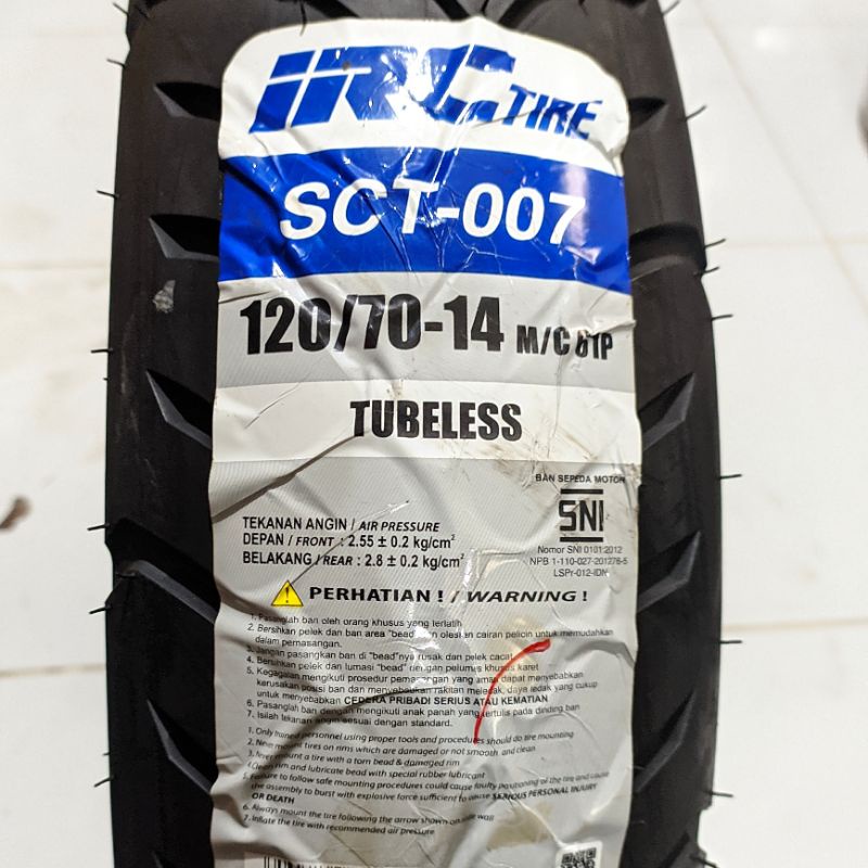 BAN LUAR TUBELESS IRC 120/70-14 SCT-007 SEPEDA MOTOR