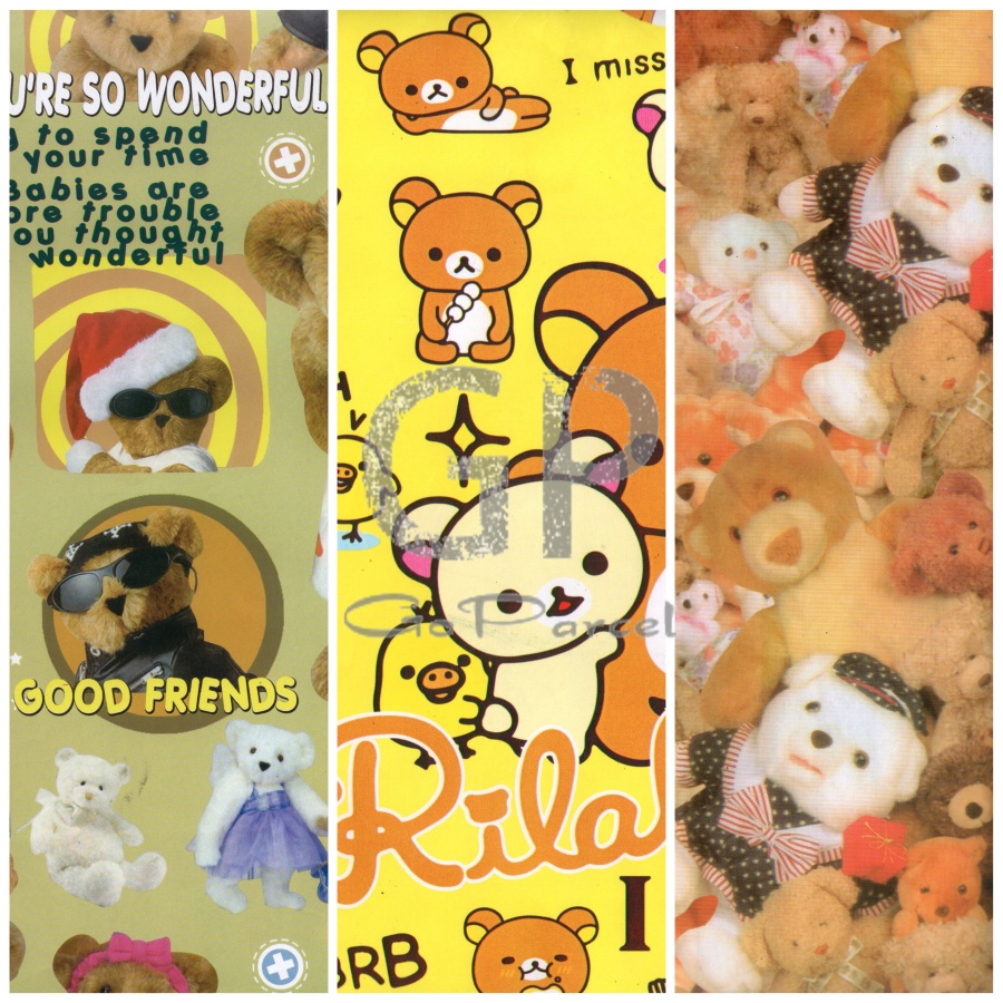 ( 5 Lembar ) SR BEAR - KERTAS KADO GLOSY BERUANG - GIFT WRAP PAPER CUTE TEDDY BEAR RILAKUMA DOLL BONEKA