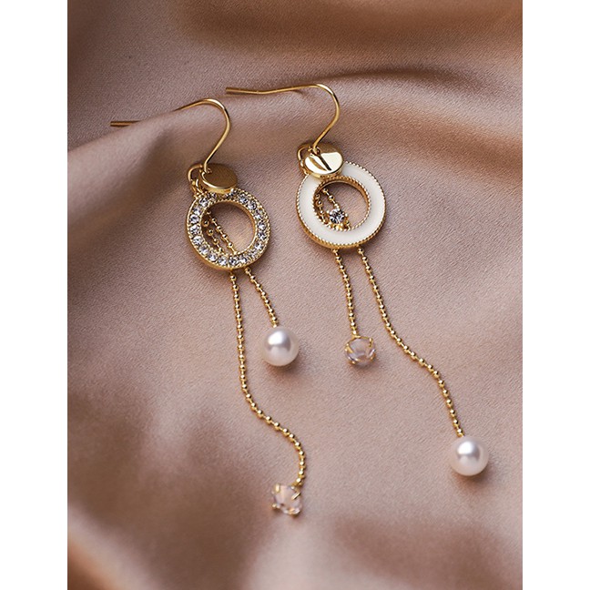 LRC Anting Tusuk Fashion White Diamond Drop Oil Circle Pearl Tassel Long Earrings P22323