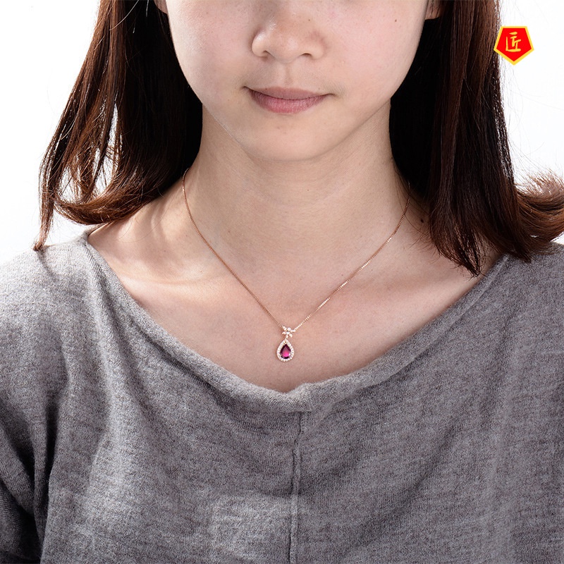 [Ready Stock]Red Purple Gemstone Pendant Silver Necklace Women's Japanese and Korean Style Simple Fashion