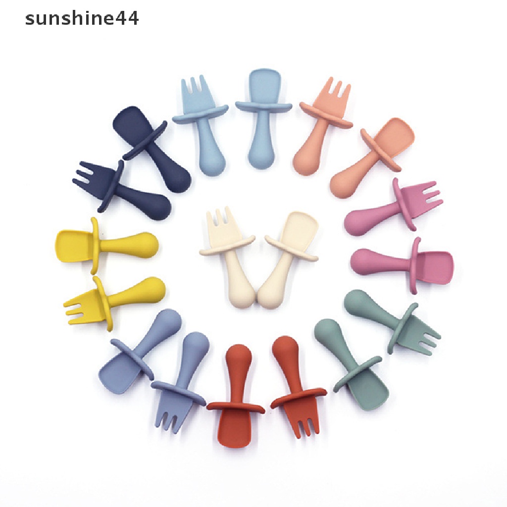 Sunshine 2pcs / Set Sendok + Garpu Bahan Silikon Untuk Anak Belajar Makan