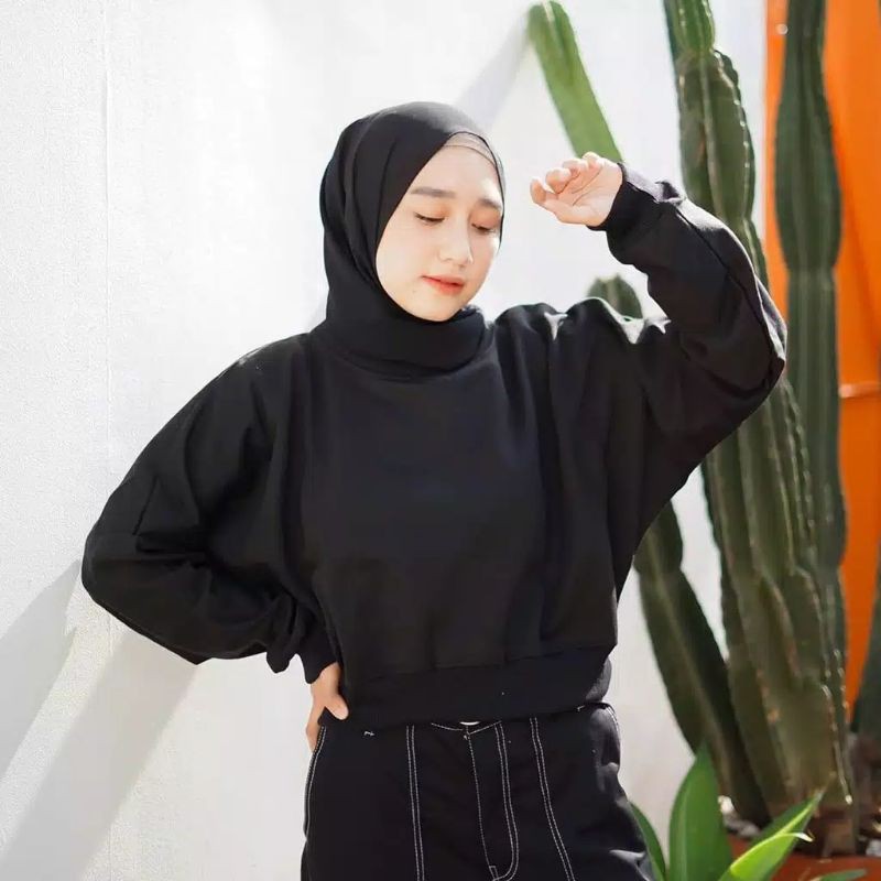 Premium Oversize Crop Sweater - Sweter Crop Wanita Kekinian-CROP - HITAM