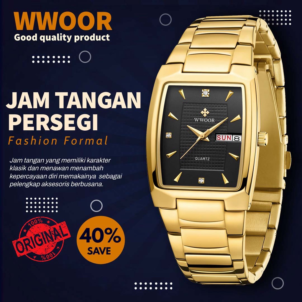 JAM TANGAN TAHAN AIR FASHION PRIA FORMAL BENTUK PETAK WWOOR 8837 GOLD BLACK ORIGINAL