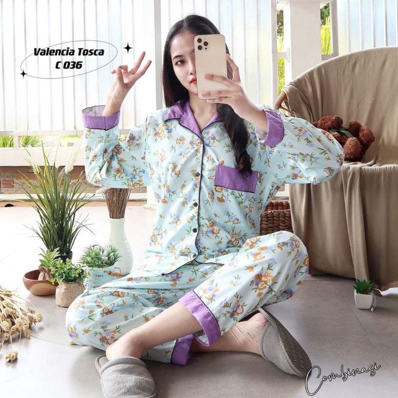 Piyama Wanita Lengan Panjang PP Motif Bunga Set Piyama Baju Tidur Wanita Remaja Baju Tidur ABG-Valensia tosca ungu