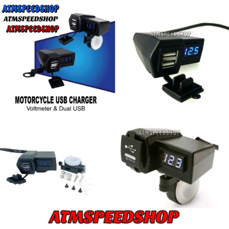 Motorcycle Digital Voltmeter Charger Motor Cas HP Motor 2 USB 3.1A Casan HP Voltmeter Aki plus USB